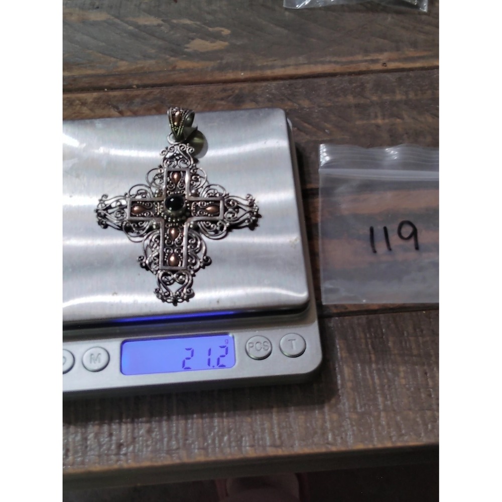 BA Bali Artisan Sterling Silver 18K Gold Black Onyx Cross Pendant 3.25 In